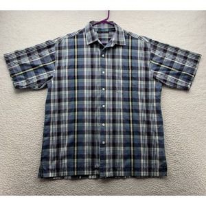 Greg Norman‎ Button Up Shirt Mens Medium Golf Blue White Black Plaid Relaxed Fit